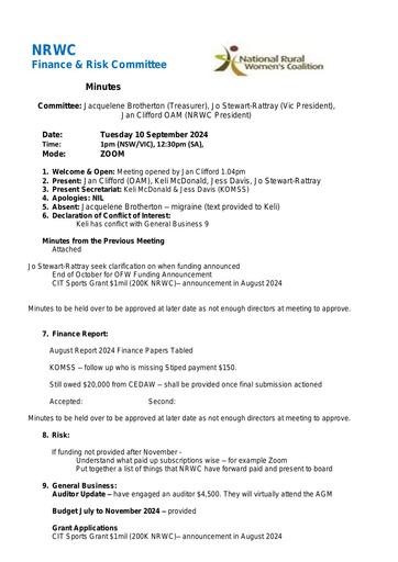 Minutes Finance Committee  Tuesday 10 September  2024