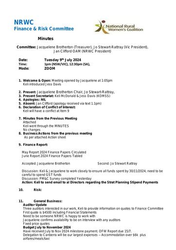Minutes Finance Committee  Tuesday 9 July  2024  Final