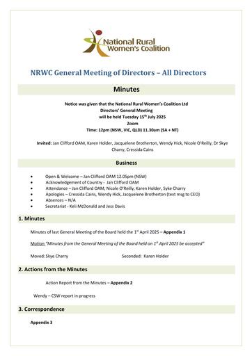 Directors Meeting Minutes July 2025