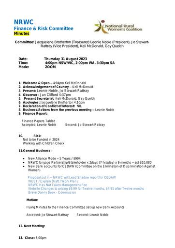 Minutes Finance Committee  31 August 2023