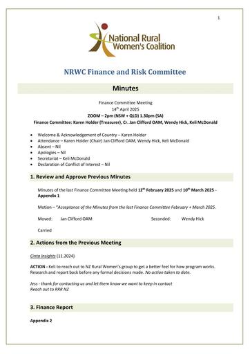 NRWC Finance Committee Minutes 14th April 2025