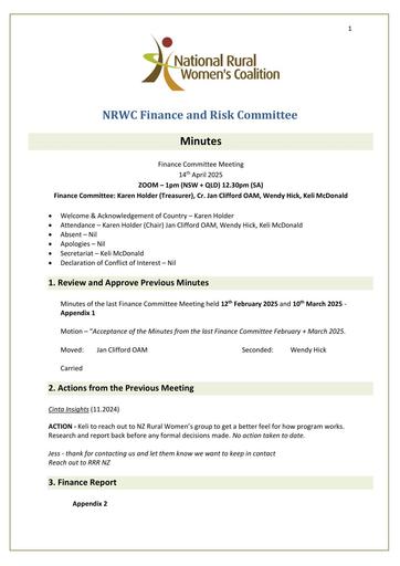 NRWC Finance Meeting Minutes April 2025