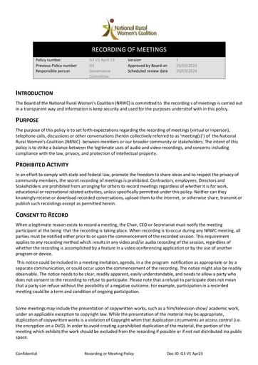 G3 Recording or Meeting Policy G3 V1 Ar 23
