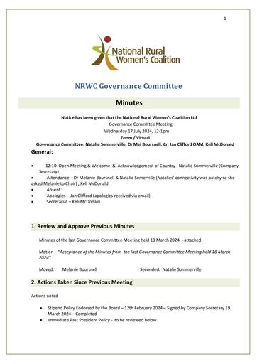 Minutes Governance Committee Meeting 17 July 2024