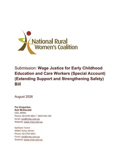 Submission - Wage Justice for Early Childhood Education and Care Workers (Special Account) (Extending Support and Strengtheing Safety) Bill - August 2026