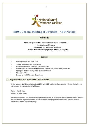 NRWC General Meeting of Directors 16.09.2025