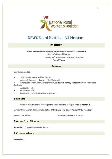 Minutes Directors Meeting 10th September 2023